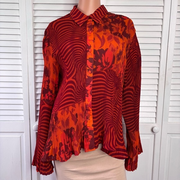 MILANO Orange Abstract Print Orange Button Down Blouse Size XL - Picture 1 of 8